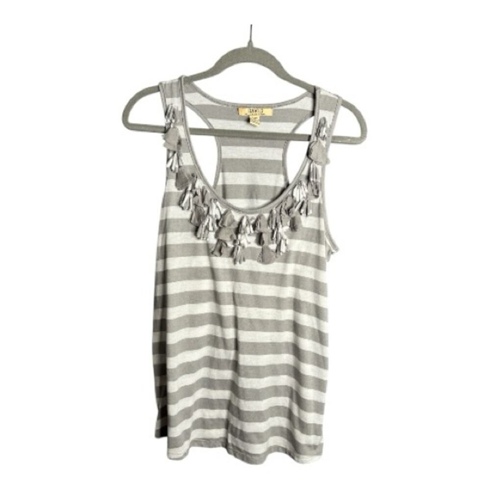 David by David Kahn Gray White Striped Fringe Racerback Tank Large